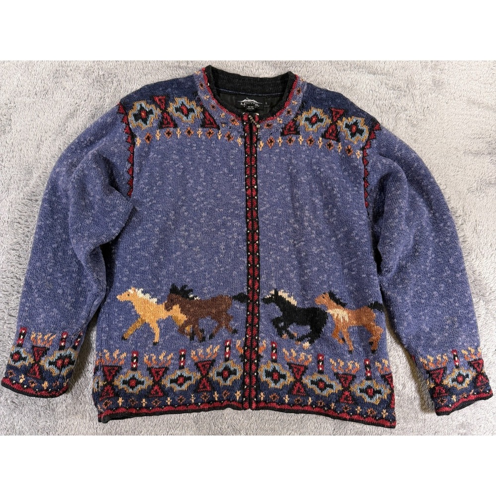 Icelandic Design Sweater Womens L Blue Aztec Running Horse Western Linen Jacket